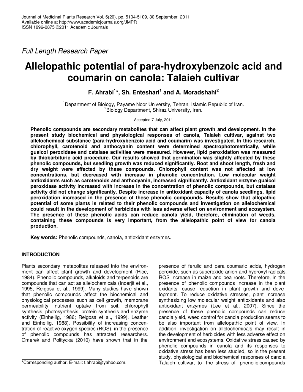 Allelopathic Potential of Para-Hydroxybenzoic Acid and Coumarin on Canola: Talaieh Cultivar