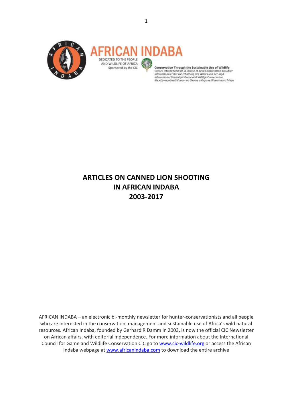 Articles on Canned Lion Shooting in African Indaba 2003-2017