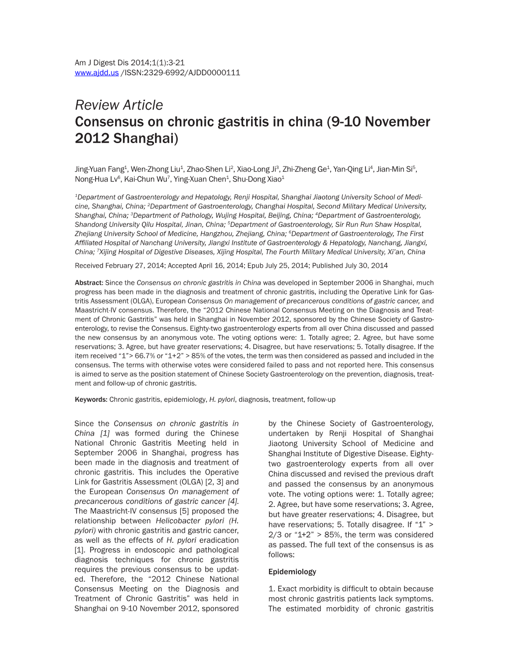 Review Article Consensus on Chronic Gastritis in China (9-10 November 2012 Shanghai)
