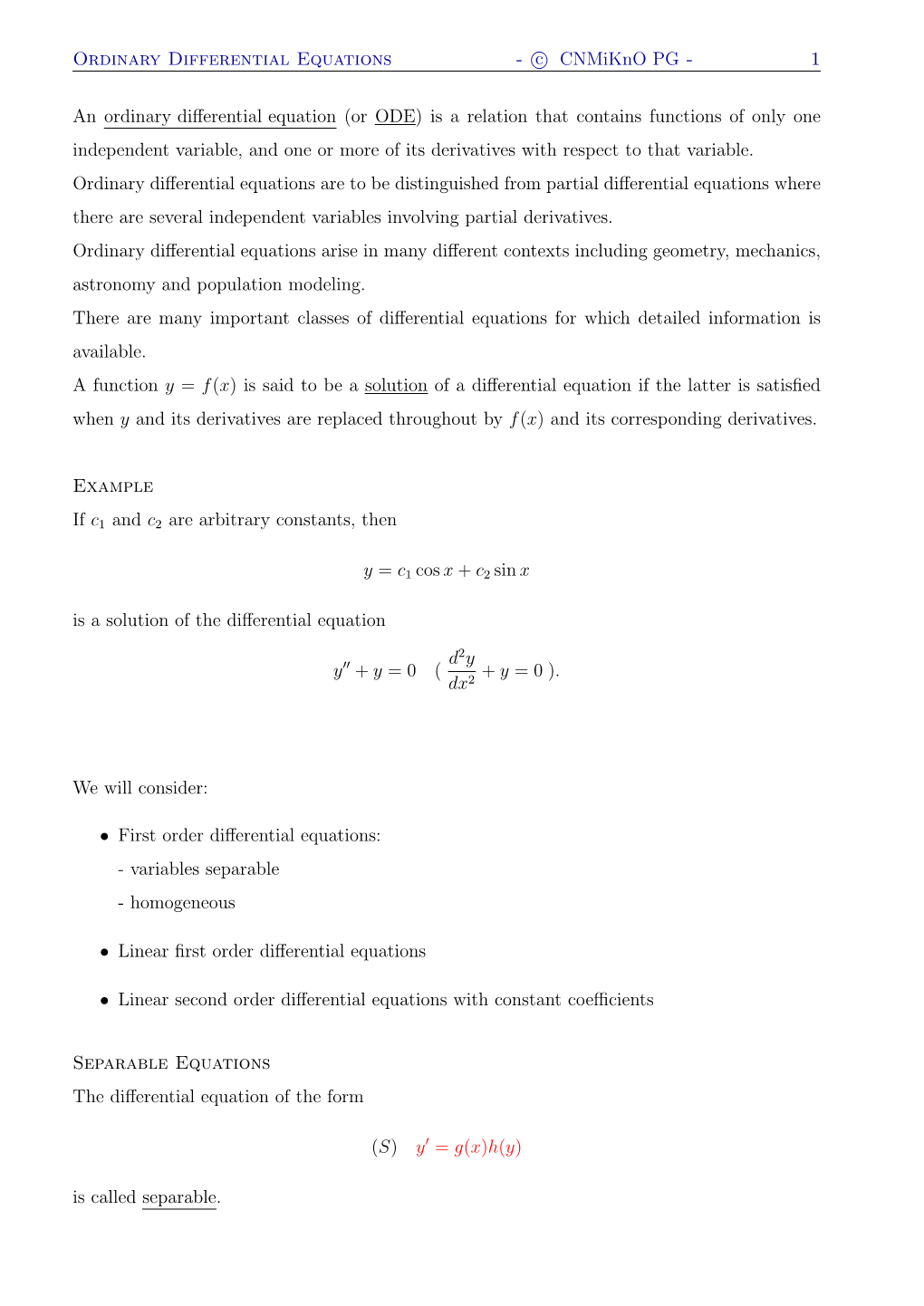 Ordinary Differential Equations - C Cnmikno PG - 1