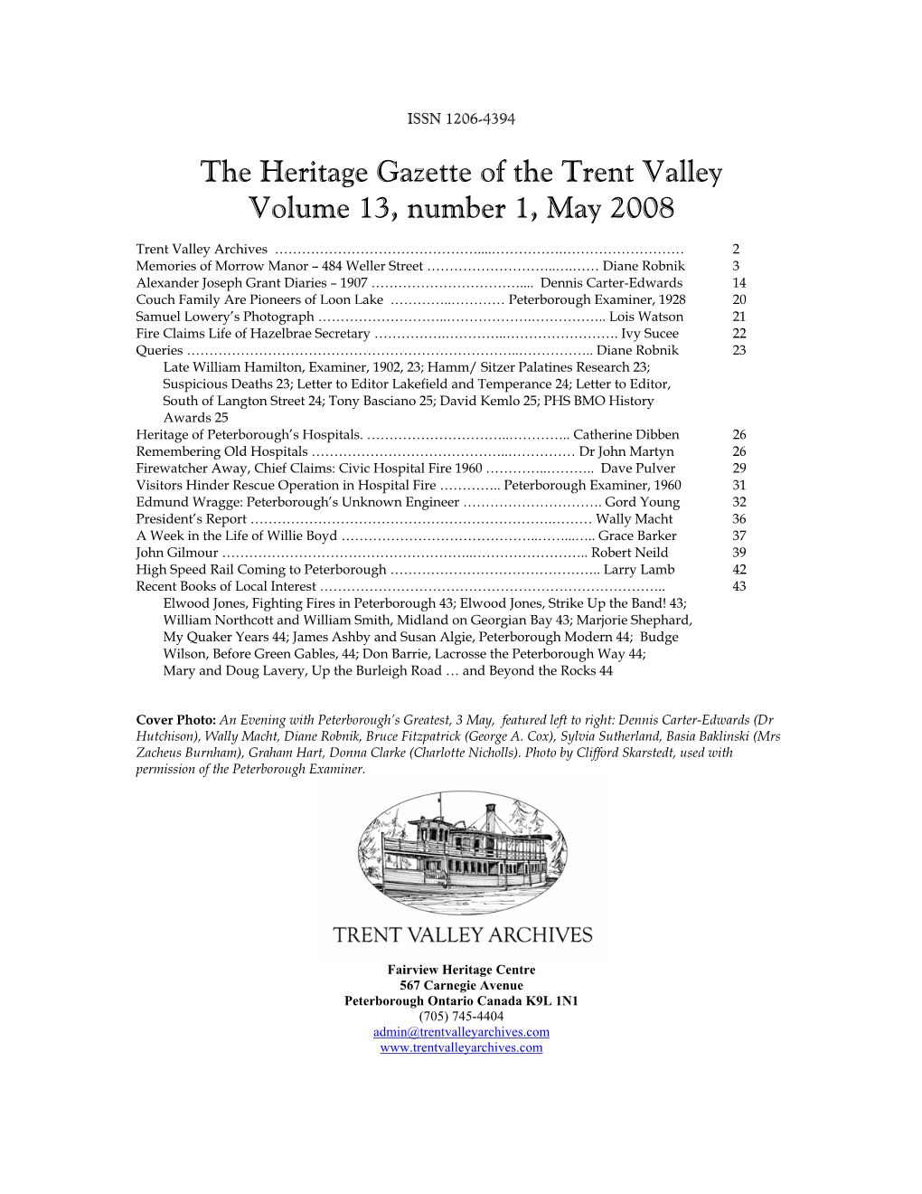 The Heritage Gazette of the Trent Valley Volume 13, Number 1, May 2008