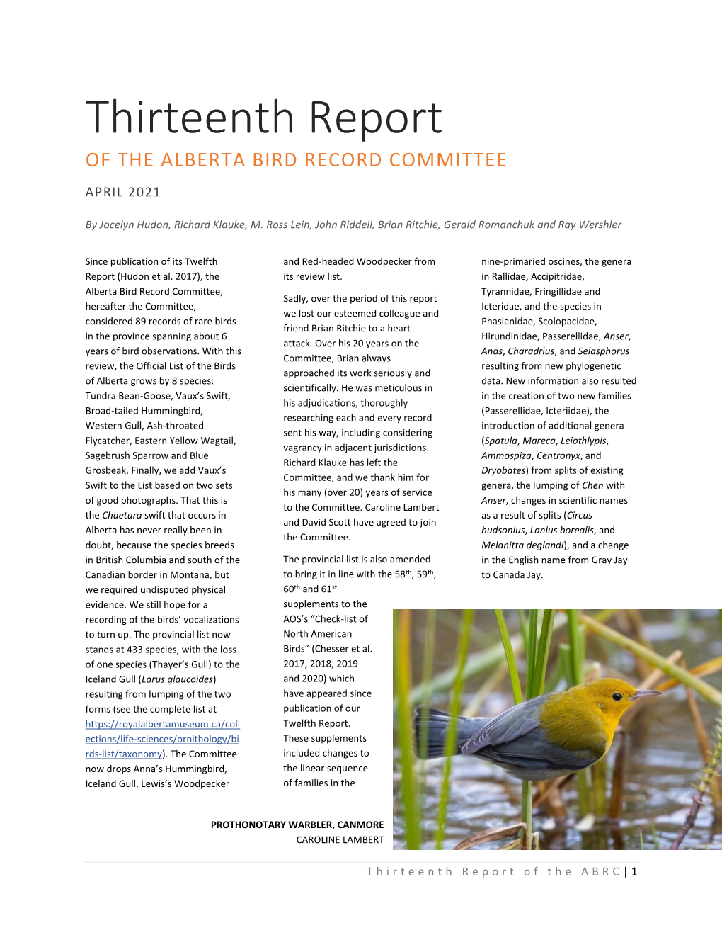 Thirteenth Report of the ALBERTA BIRD RECORD COMMITTEE APRIL 2021