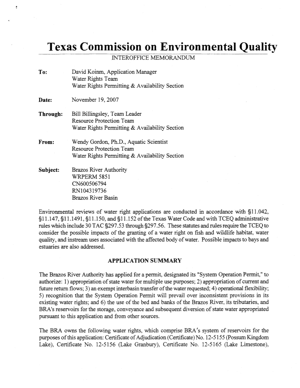 Texas Commission on Environmental Quality INTEROFFICE MEMORANDUM