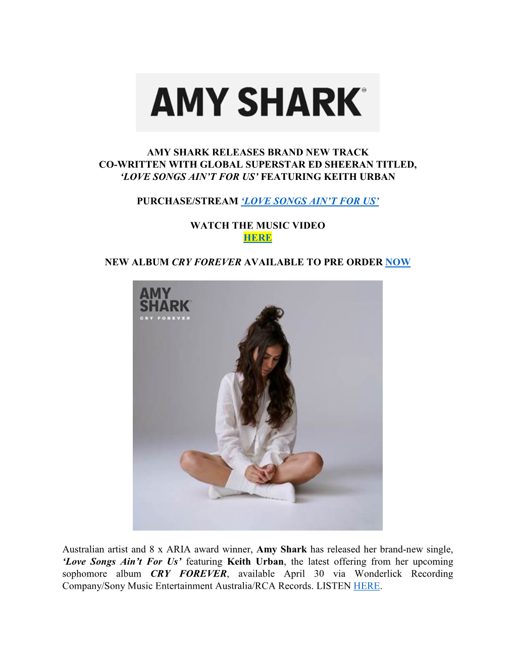 Amy Shark Releases Brand New Track Co-Written with Global Superstar Ed Sheeran Titled, ‘Love Songs Ain’T for Us’ Featuring Keith Urban