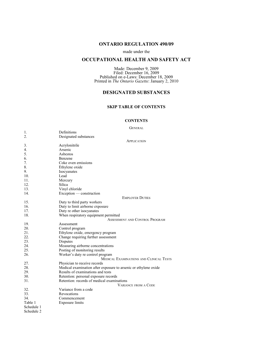 OCCUPATIONAL HEALTH and SAFETY ACT - O. Reg. 490/09 s1