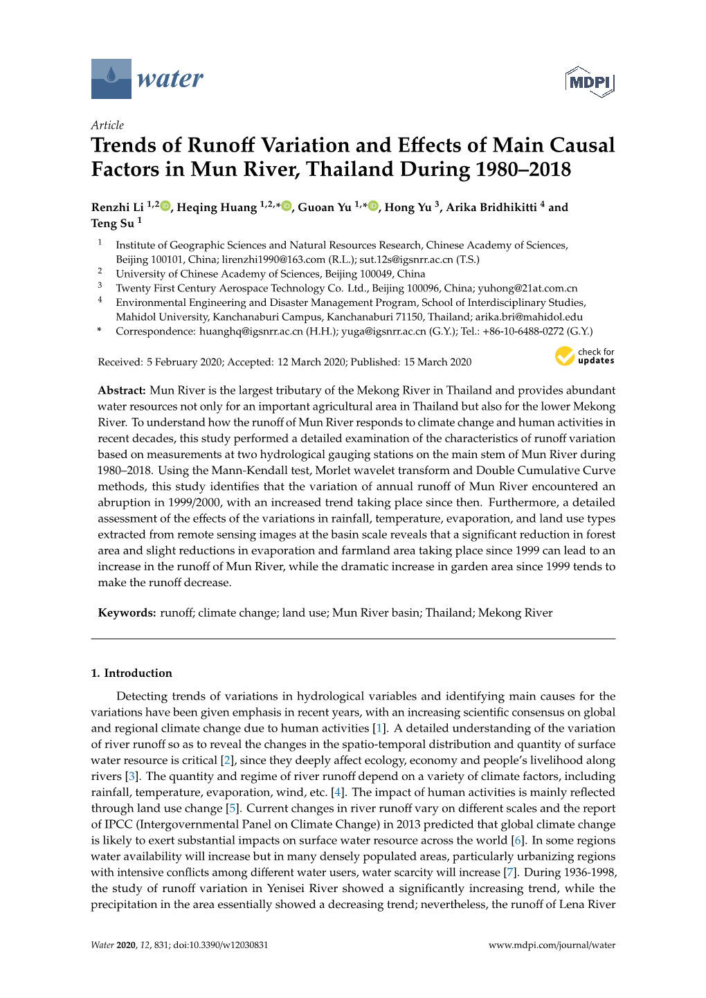 Trends of Runoff Variation and Effects of Main Causal Factors in Mun