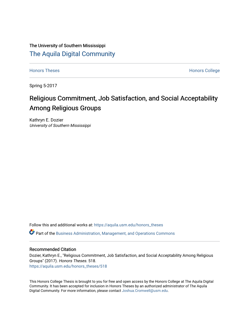 Religious Commitment, Job Satisfaction, and Social Acceptability Among Religious Groups