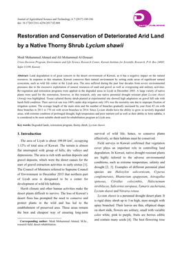 Restoration and Conservation of Deteriorated Arid Land by a Native Thorny Shrub Lycium Shawii