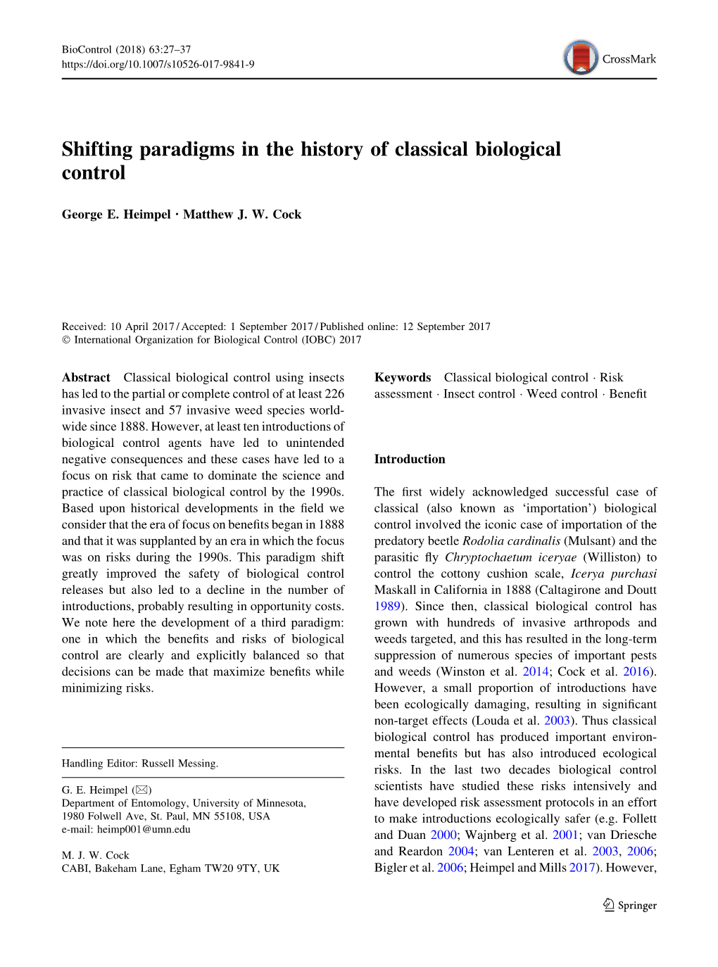 Shifting Paradigms in the History of Classical Biological Control