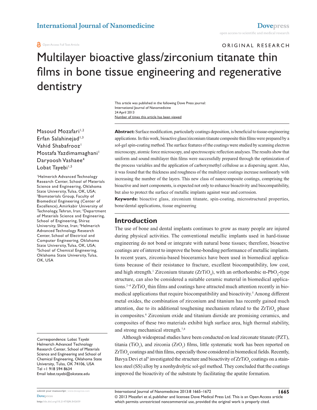Multilayer Bioactive Glass/Zirconium Titanate Thin Films in Bone Tissue Engineering and Regenerative Dentistry