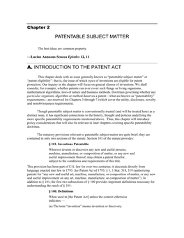Patentable Subject Matter A. Introduction to the Patent