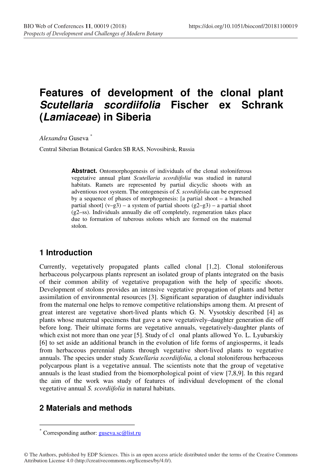 Features of Development of the Clonal Plant Scutellaria Scordiifolia Fischer Ex Schrank (Lamiaceae) in Siberia