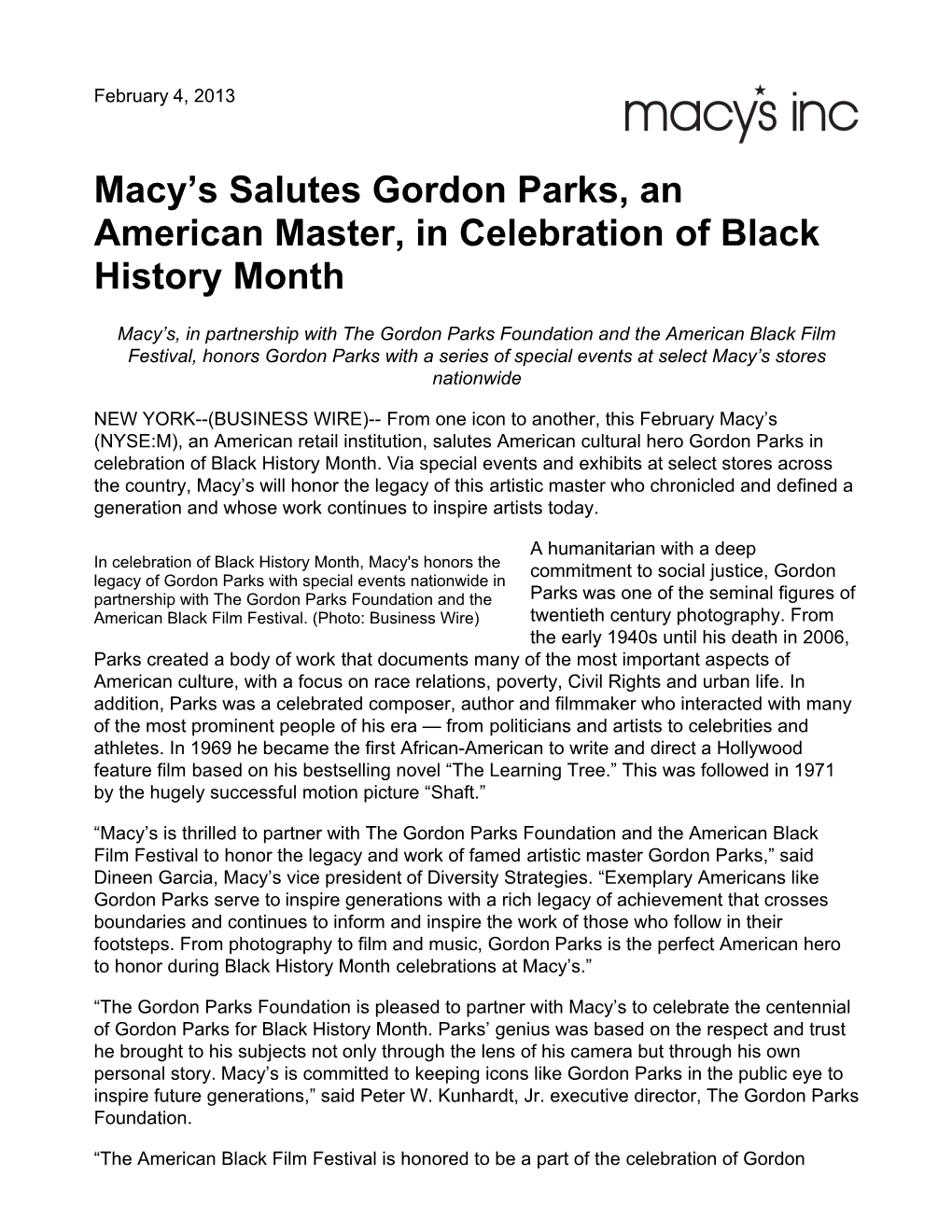 Macy's Salutes Gordon Parks, an American Master, in Celebration of Black History Month