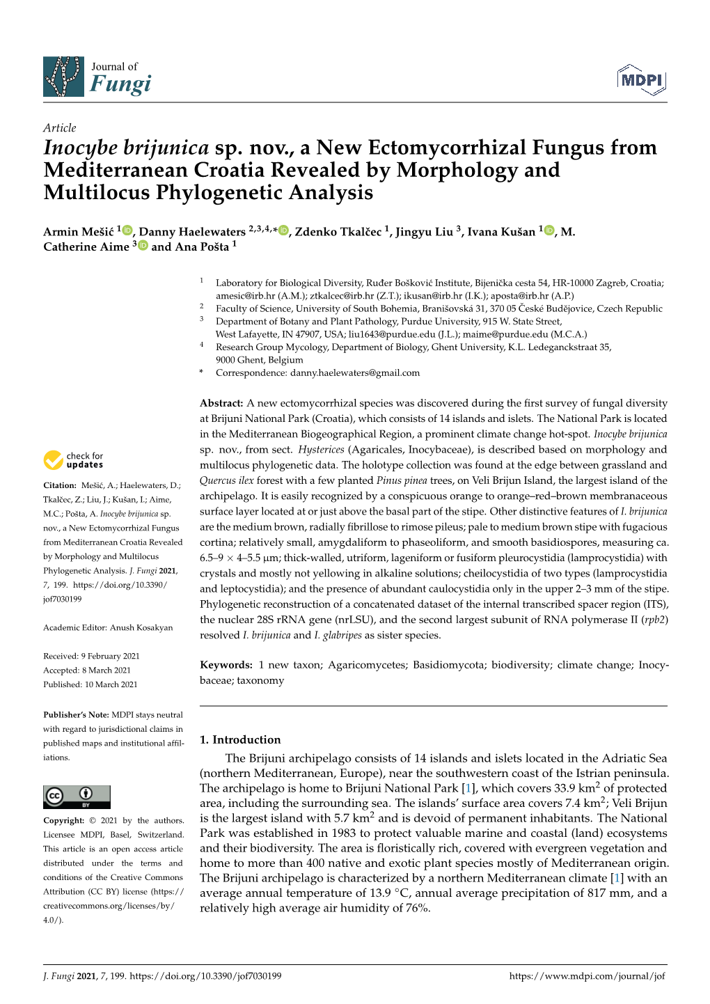 Inocybe Brijunica Sp. Nov., a New Ectomycorrhizal Fungus from Mediterranean Croatia Revealed by Morphology and Multilocus Phylogenetic Analysis