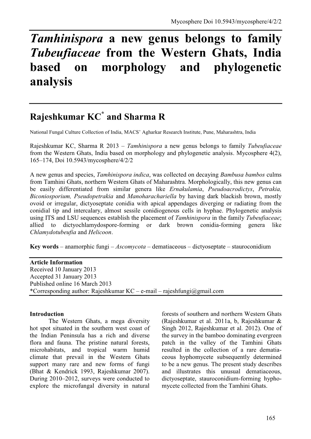 Tamhinispora a New Genus Belongs to Family Tubeufiaceae from the Western Ghats, India Based on Morphology and Phylogenetic Analysis