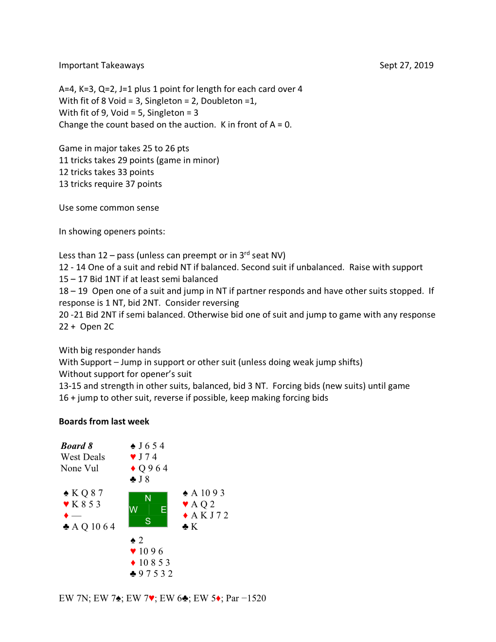 Important Takeaways Sept 27, 2019 A=4, K=3, Q=2, J=1 Plus 1 Point For