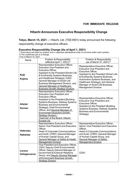 Hitachi Announces Executive Responsibility Change (PDF Type