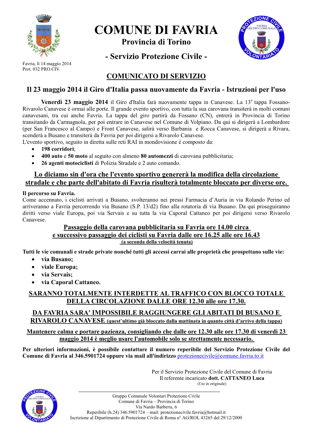 Comunicato Di Servizio Giro Italia 2014