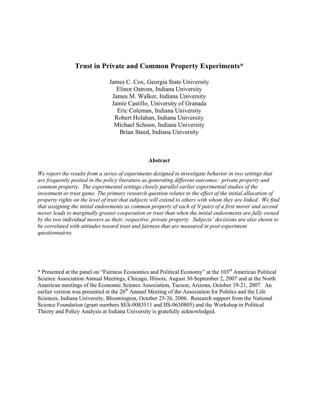 Trust in Private and Common Property Experiments*