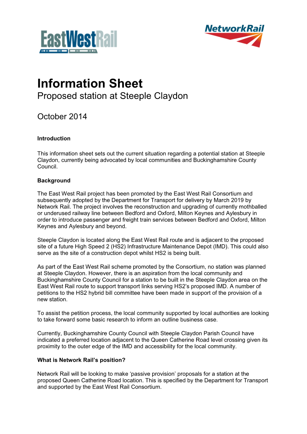 Information Sheet Steeple Claydon Station