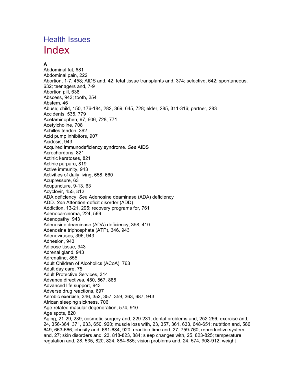 Health Issues Index