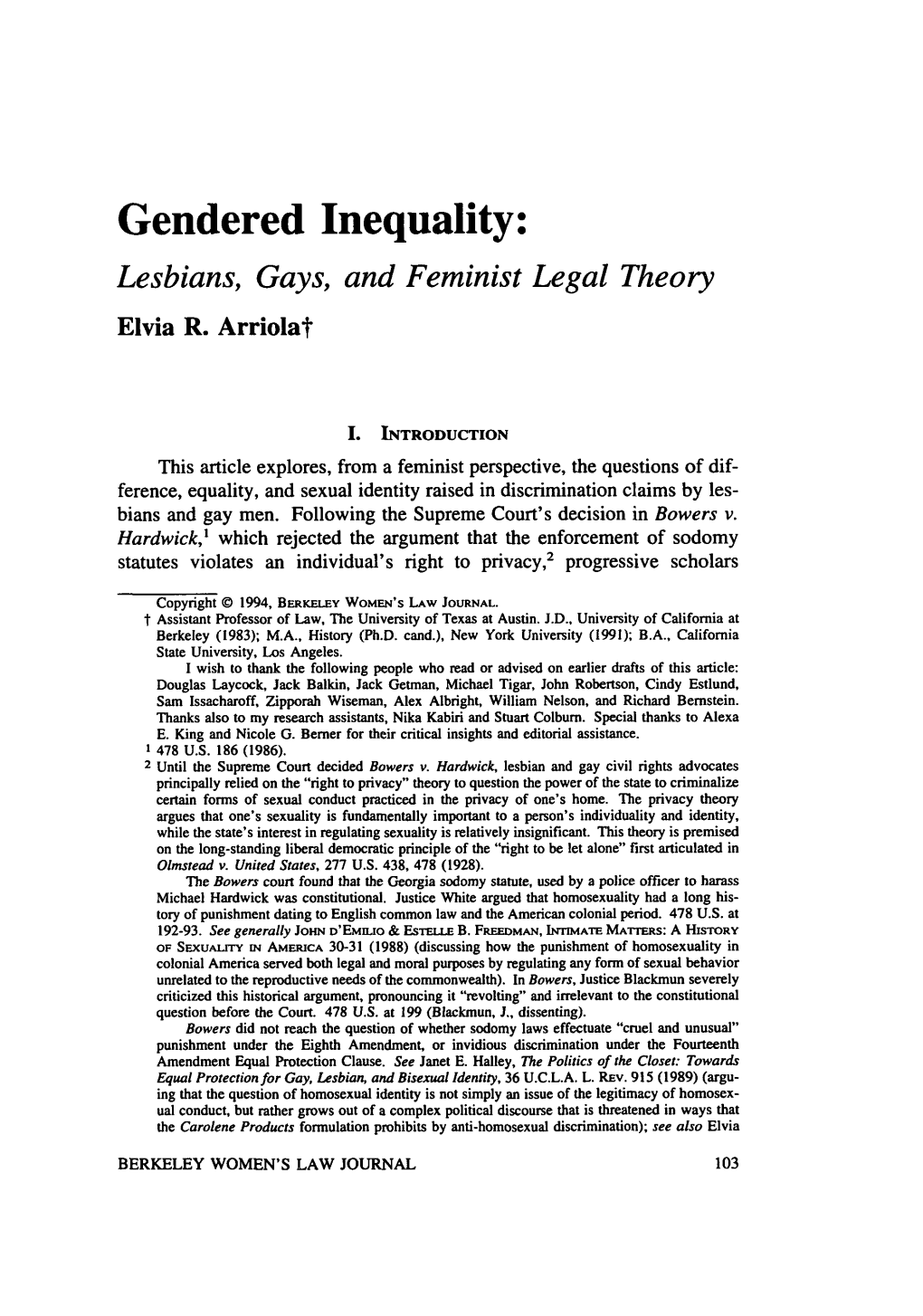 Gendered Inequality: Lesbians, Gays, and Feminist Legal Theory Elvia R