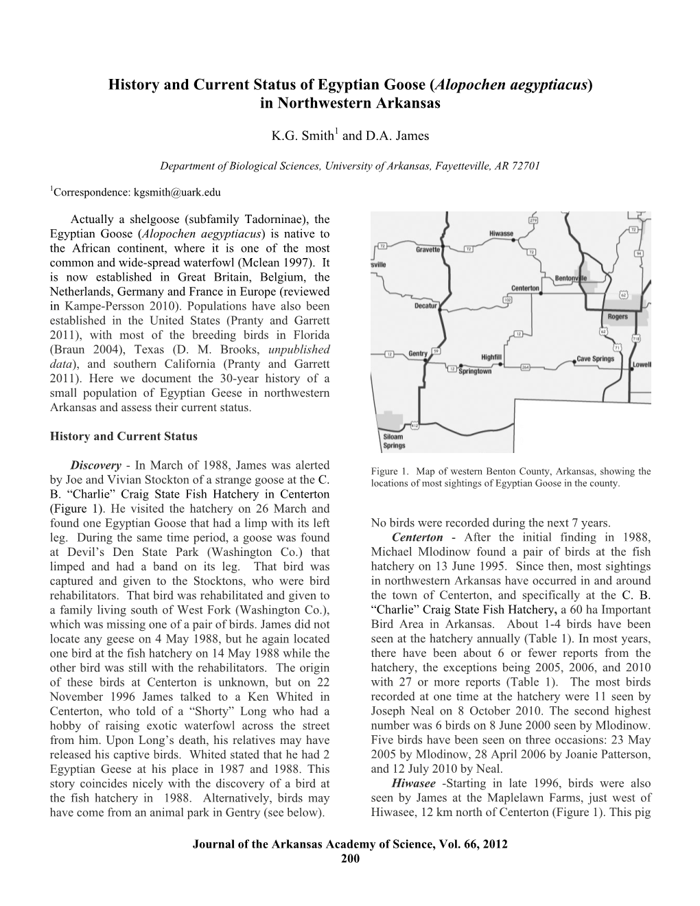 History and Current Status of Egyptian Goose (Alopochen Aegyptiacus) in Northwestern Arkansas