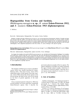 Heptageniidae from Corsica and Sardinia. Rhithrogena Nuragica N
