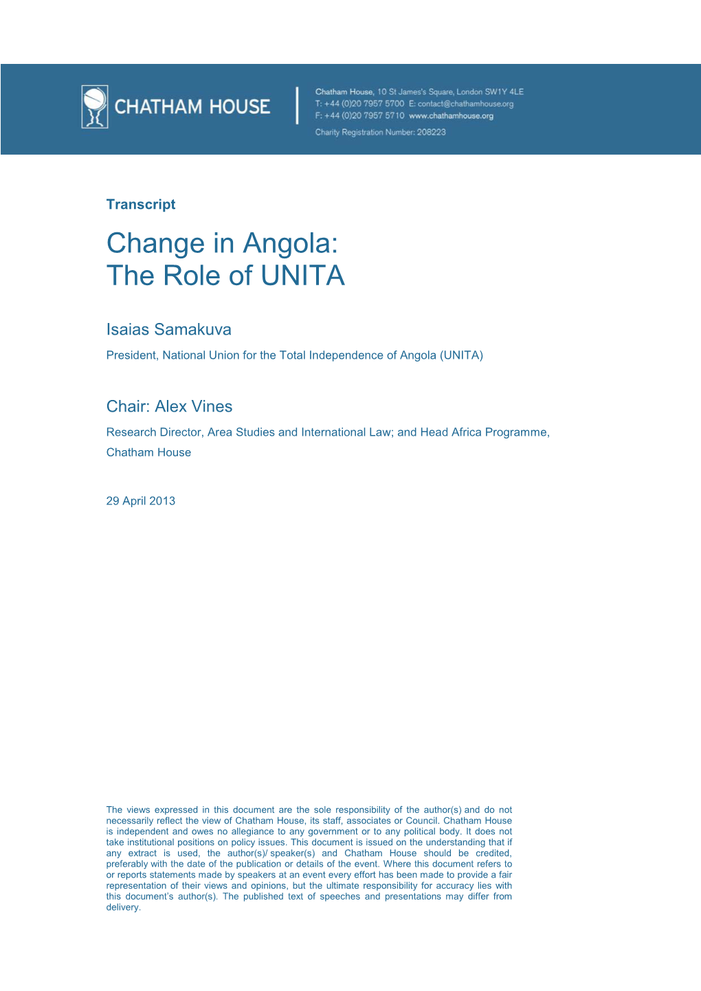 Change in Angola: the Role of UNITA