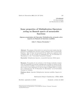 Some Properties of Multiplication Operators Acting on Banach Spaces of Measurable Functions