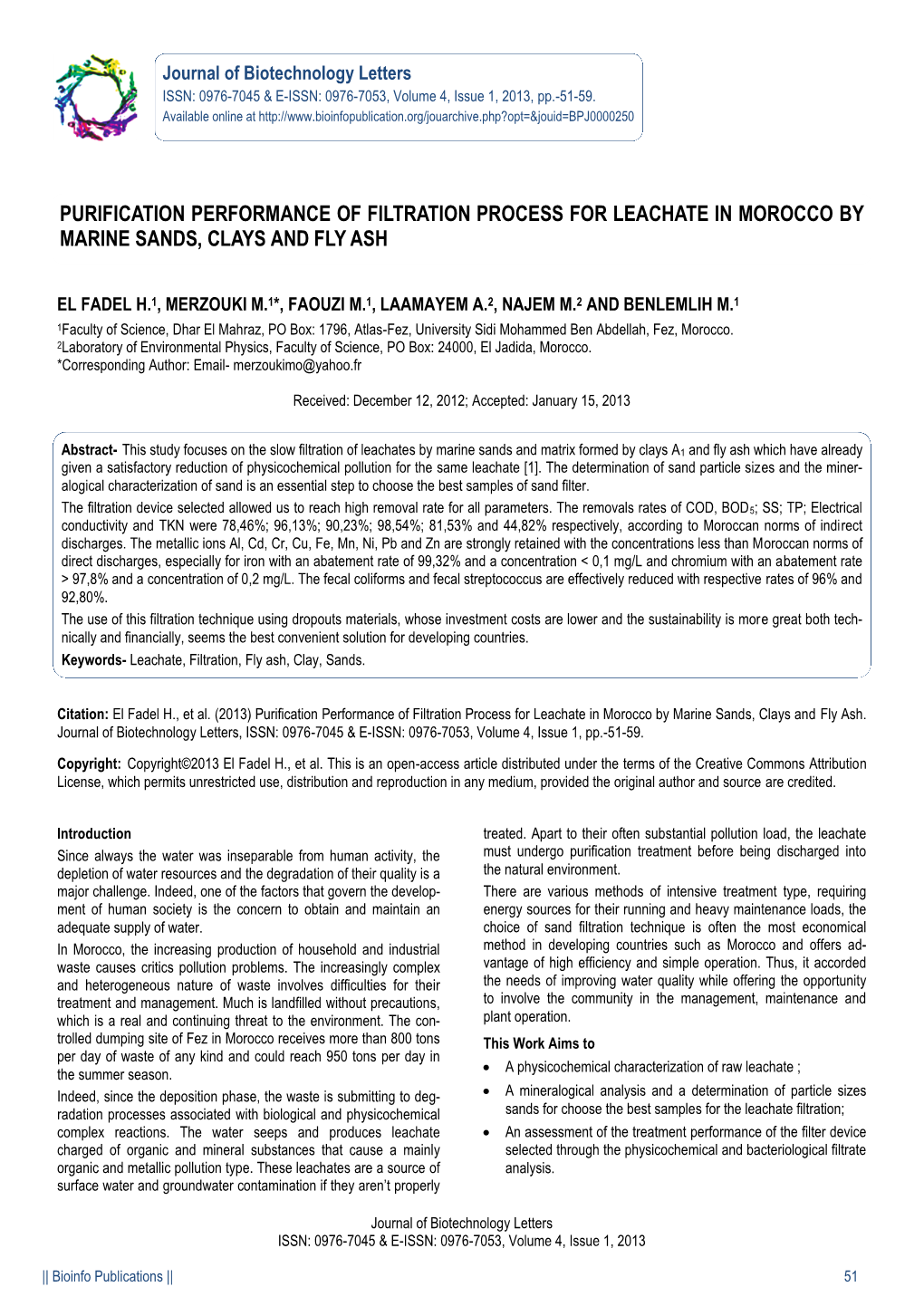 Purification Performance of Filtration Process for Leachate in Morocco by Marine Sands, Clays and Fly Ash