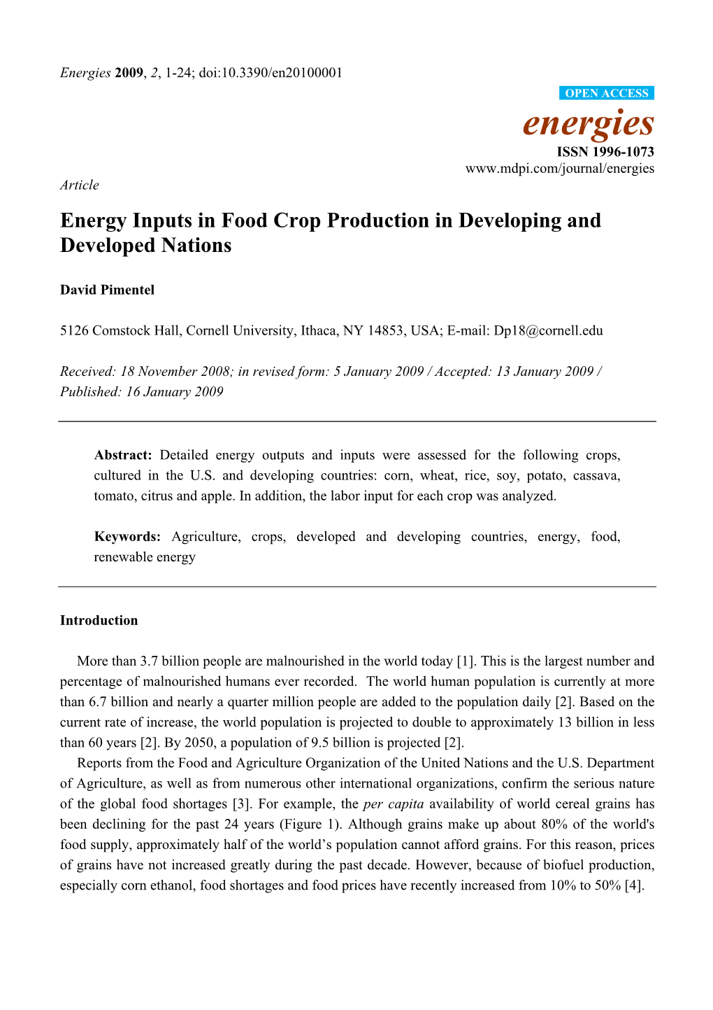 Energy Inputs in Food Crop Production in Developing and Developed Nations