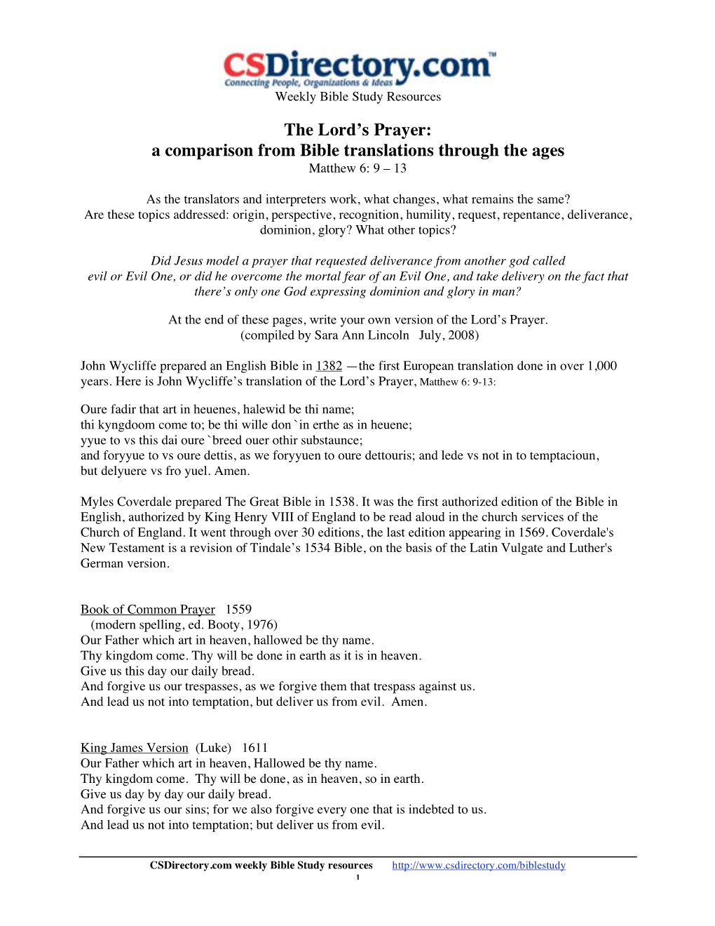 The Lord's Prayer: a Comparison from Bible Translations Through the Ages