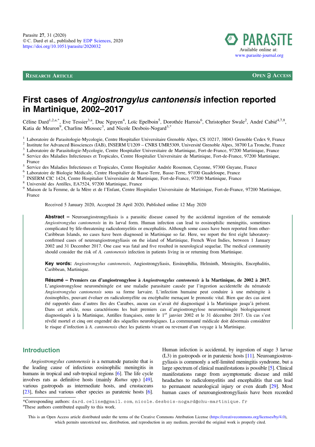 First Cases of Angiostrongylus Cantonensis Infection Reported in Martinique, 2002–2017