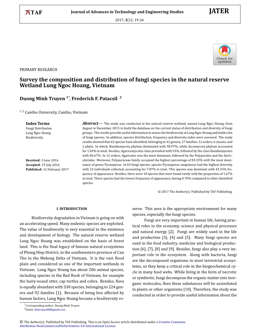 Survey the Composition and Distribution of Fungi Species in the Natural Reserve Wetland Lung Ngoc Hoang, Vietnam