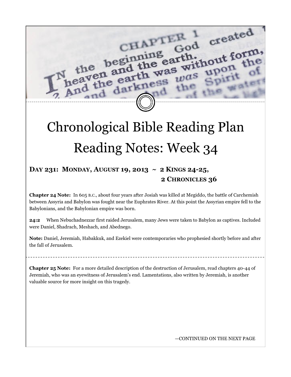 Chronological Bible Reading Plan Reading Notes: Week 34