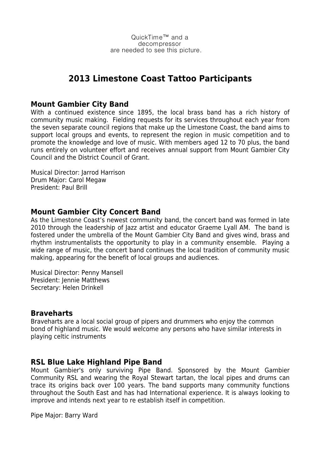 2013 Limestone Coast Tattoo Participants