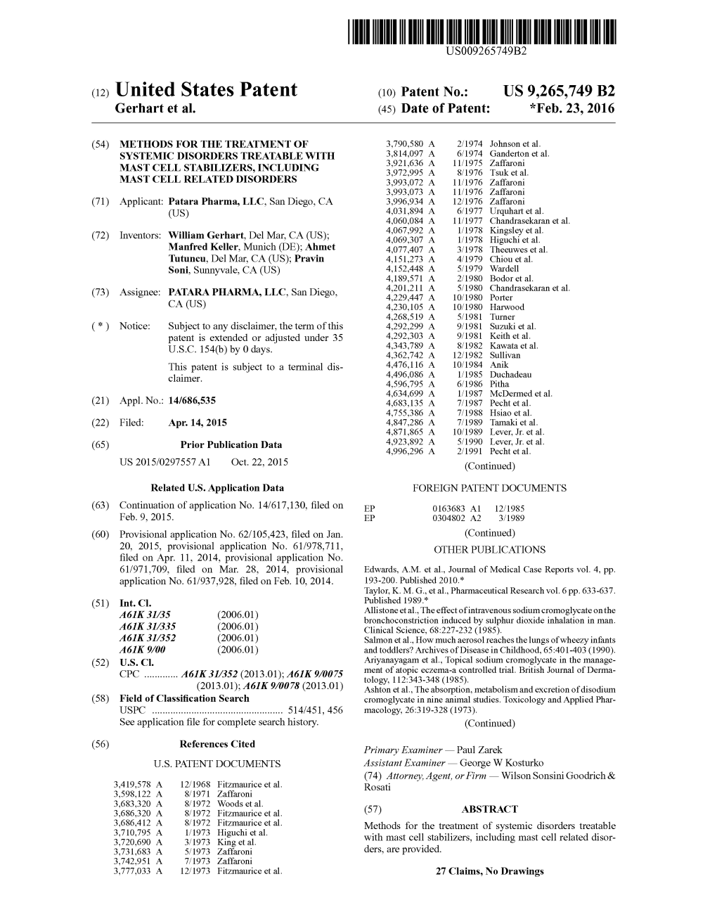 (12) United States Patent (10) Patent No.: US 9,265,749 B2 Gerhart Et Al