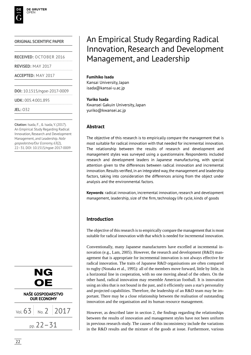 An Empirical Study Regarding Radical Innovation, Research and Development RECEIVED: OCTOBER 2016 Management, and Leadership REVISED: MAY 2017