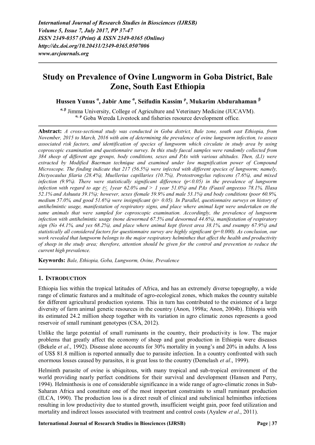 Study on Prevalence of Ovine Lungworm in Goba District, Bale Zone, South East Ethiopia