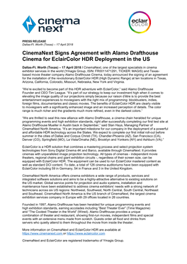 Cinemanext Signs Agreement with Alamo Drafthouse Cinema for Eclaircolor HDR Deployment in the US