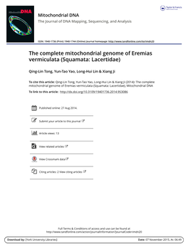 The Complete Mitochondrial Genome of Eremias Vermiculata (Squamata: Lacertidae)