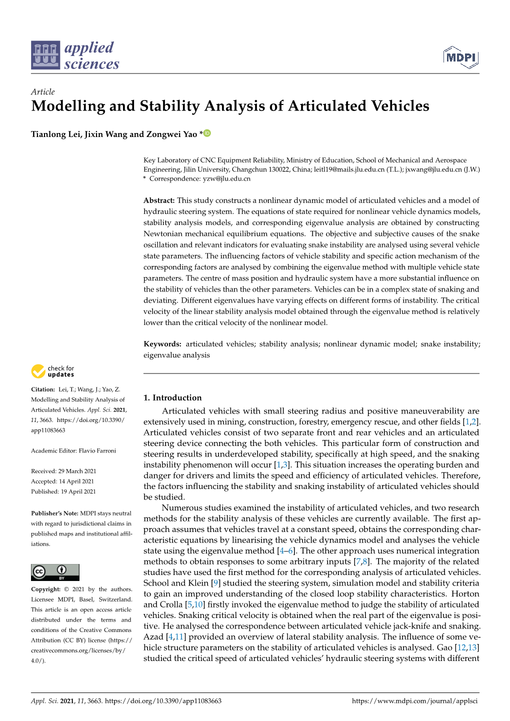 Modelling and Stability Analysis of Articulated Vehicles