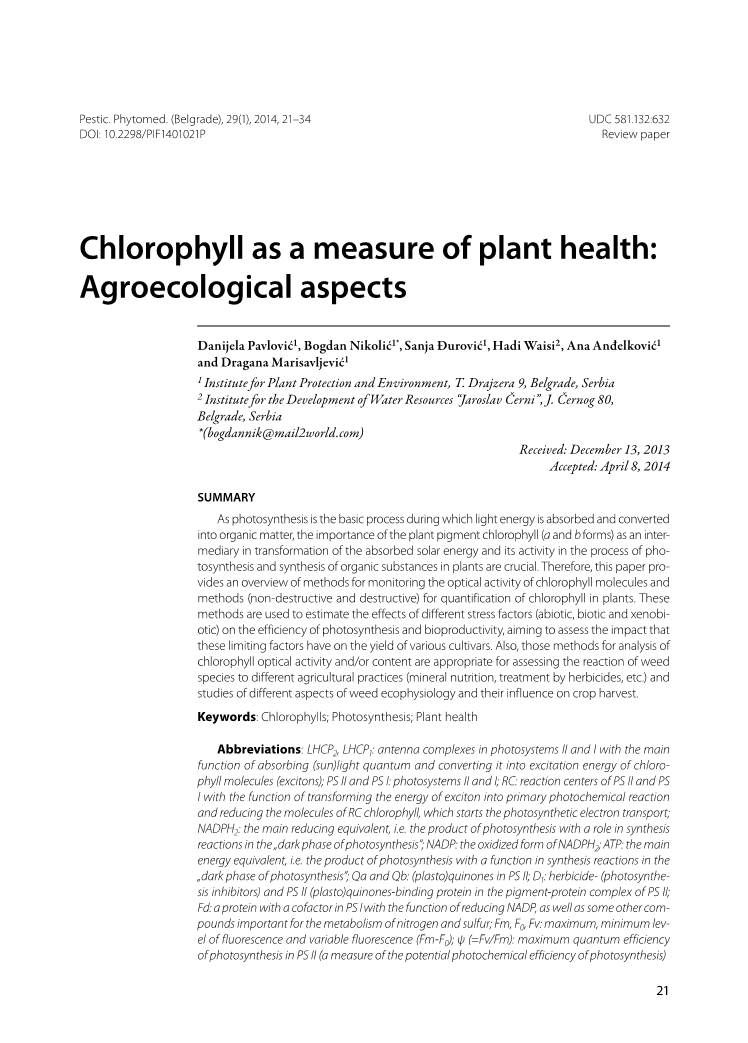 Chlorophyll As a Measure of Plant Health: Agroecological Aspects