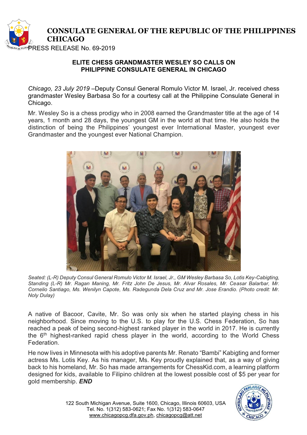 Elite Chess Grandmaster Wesley So Calls on Philippine Consulate General in Chicago