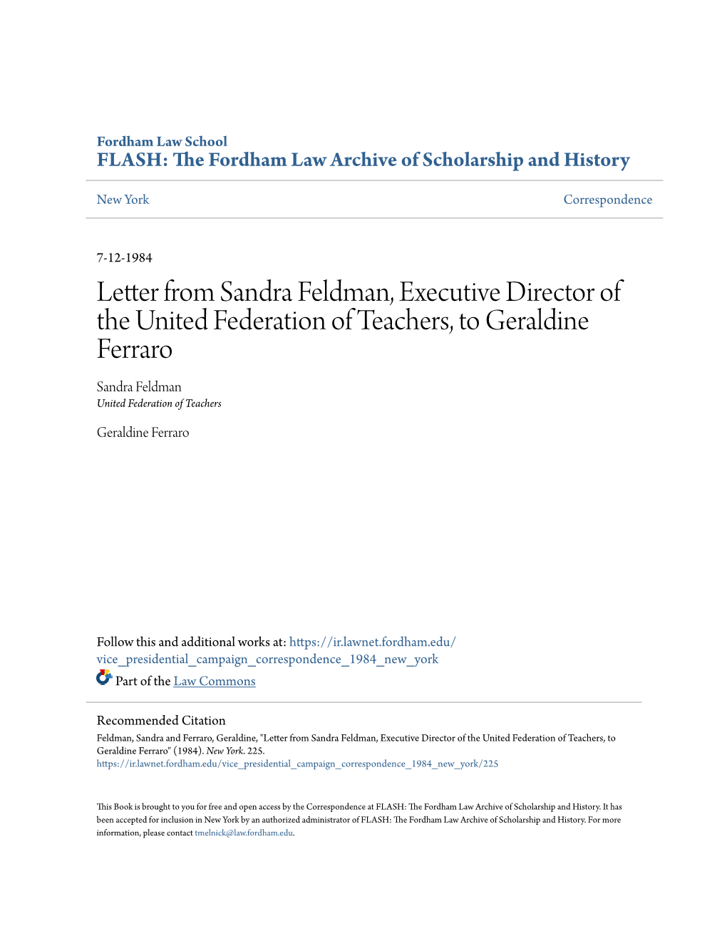 Letter from Sandra Feldman, Executive Director of the United Federation of Teachers, to Geraldine Ferraro Sandra Feldman United Federation of Teachers
