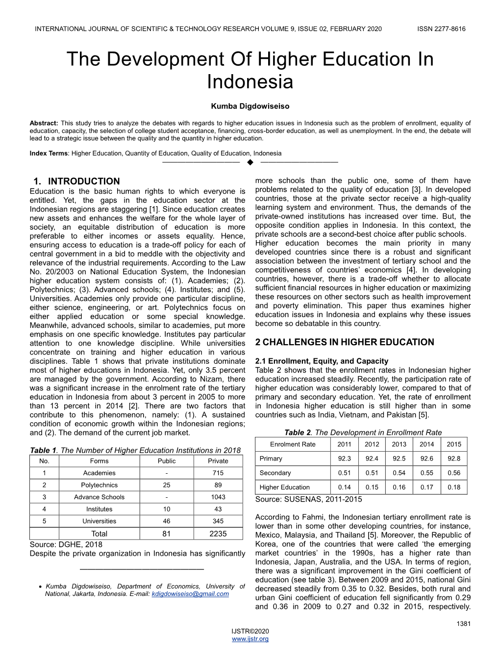 The Development of Higher Education in Indonesia