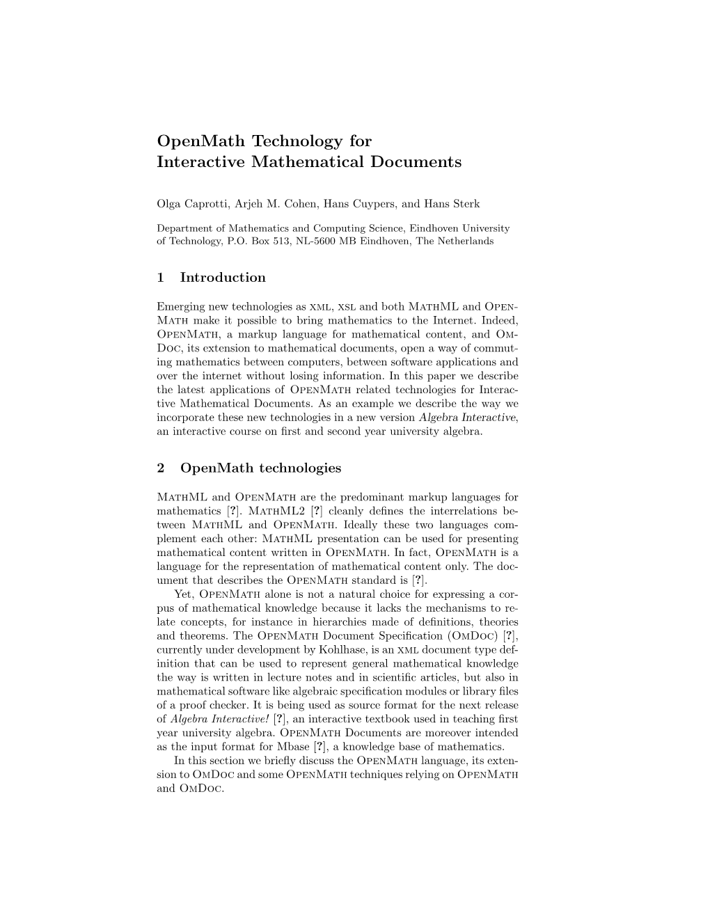 Openmath Technology for Interactive Mathematical Documents