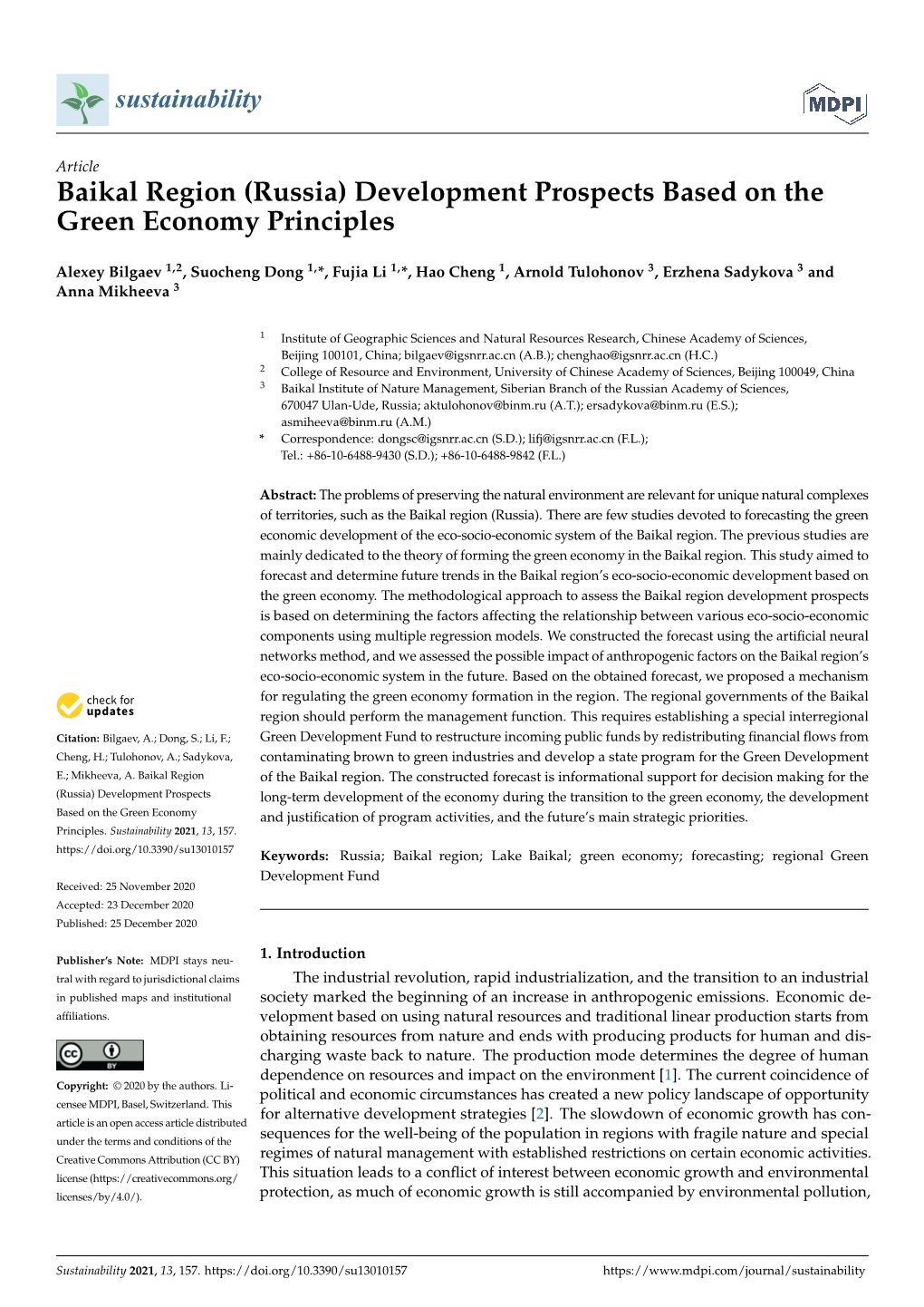 Baikal Region (Russia) Development Prospects Based on the Green Economy Principles