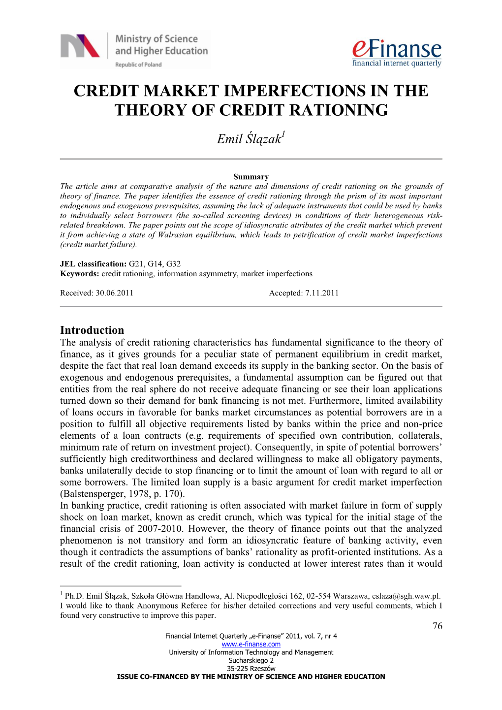 Credit Market Imperfections in the Theory of Credit Rationing